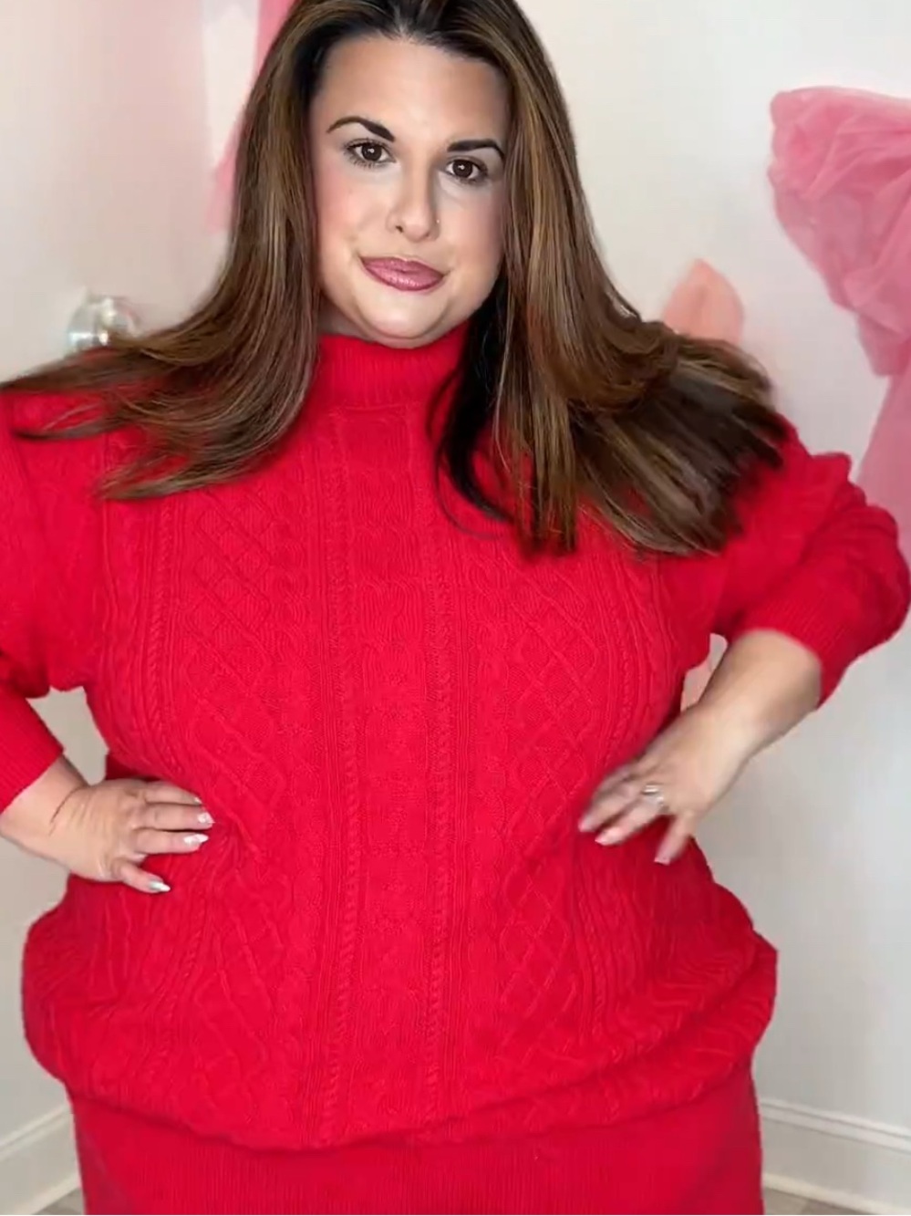 Plus Red Cable-Knit Mock Neck Sweater